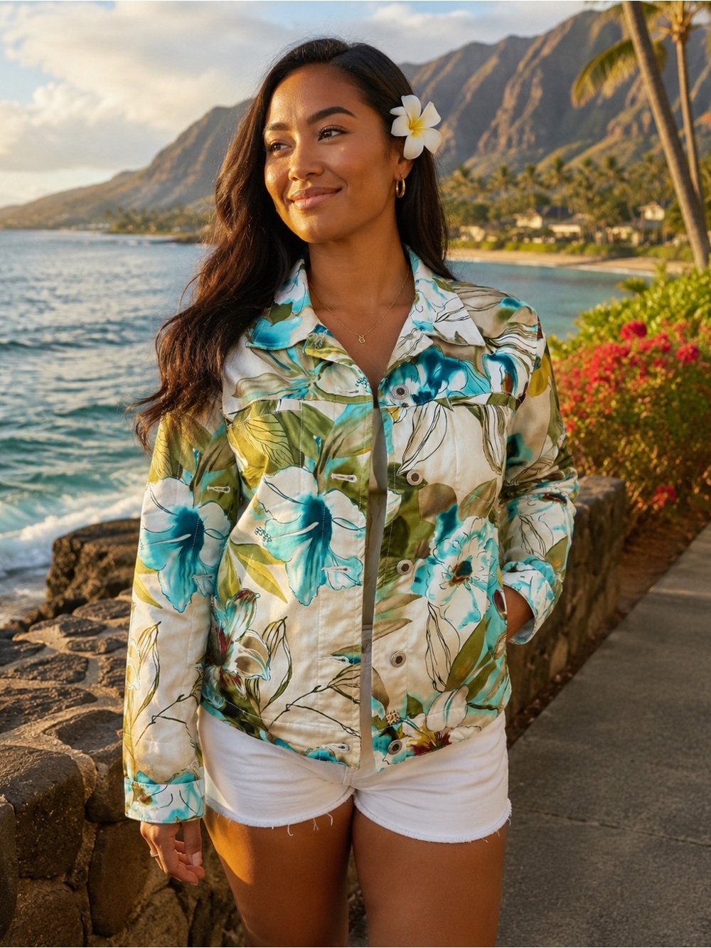 Sunset Cove Women’s Floral Jacket Medium Aqua Green Tropical Button Front